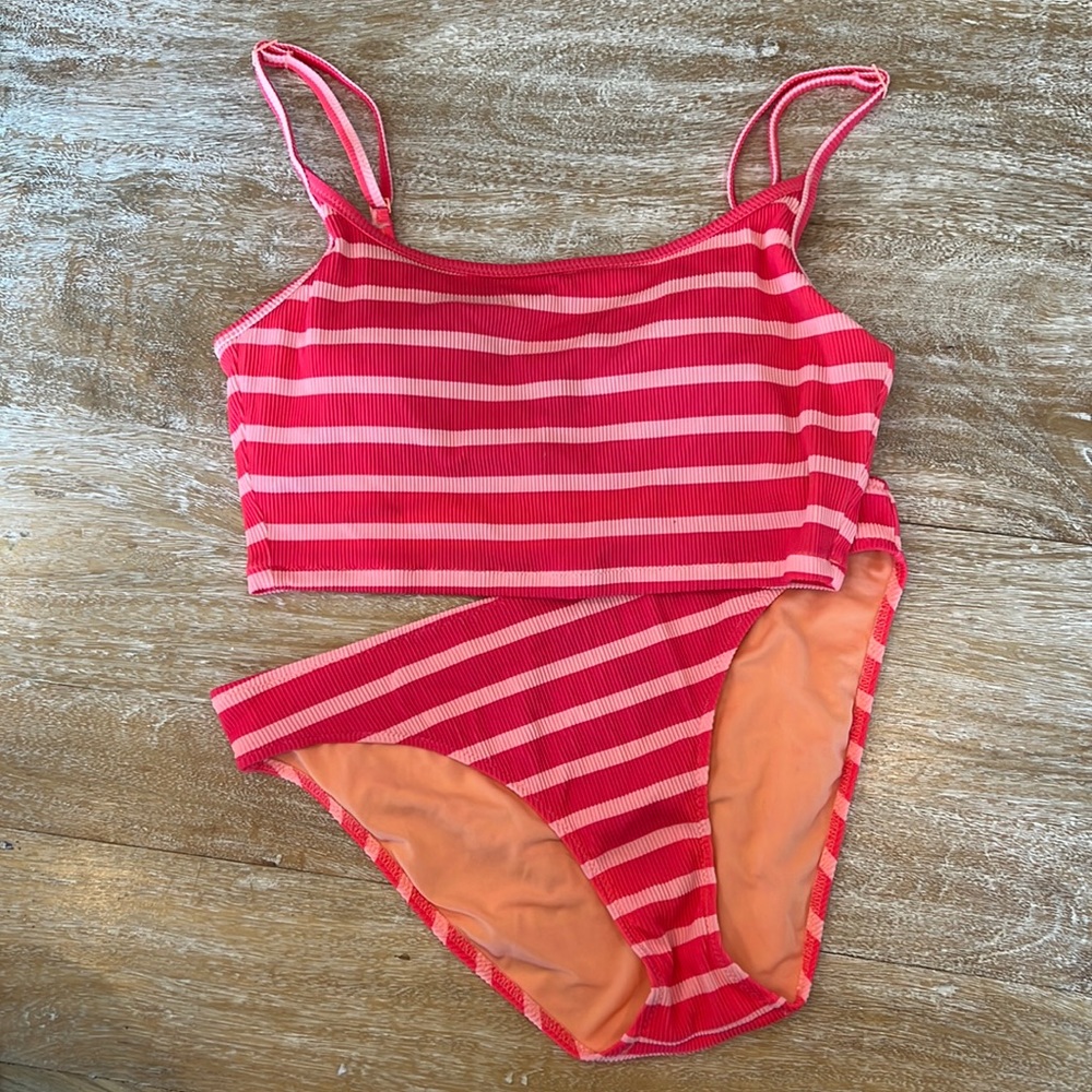 Aerie ribbed longline bikini top and bottoms neon coral pink orange medium.